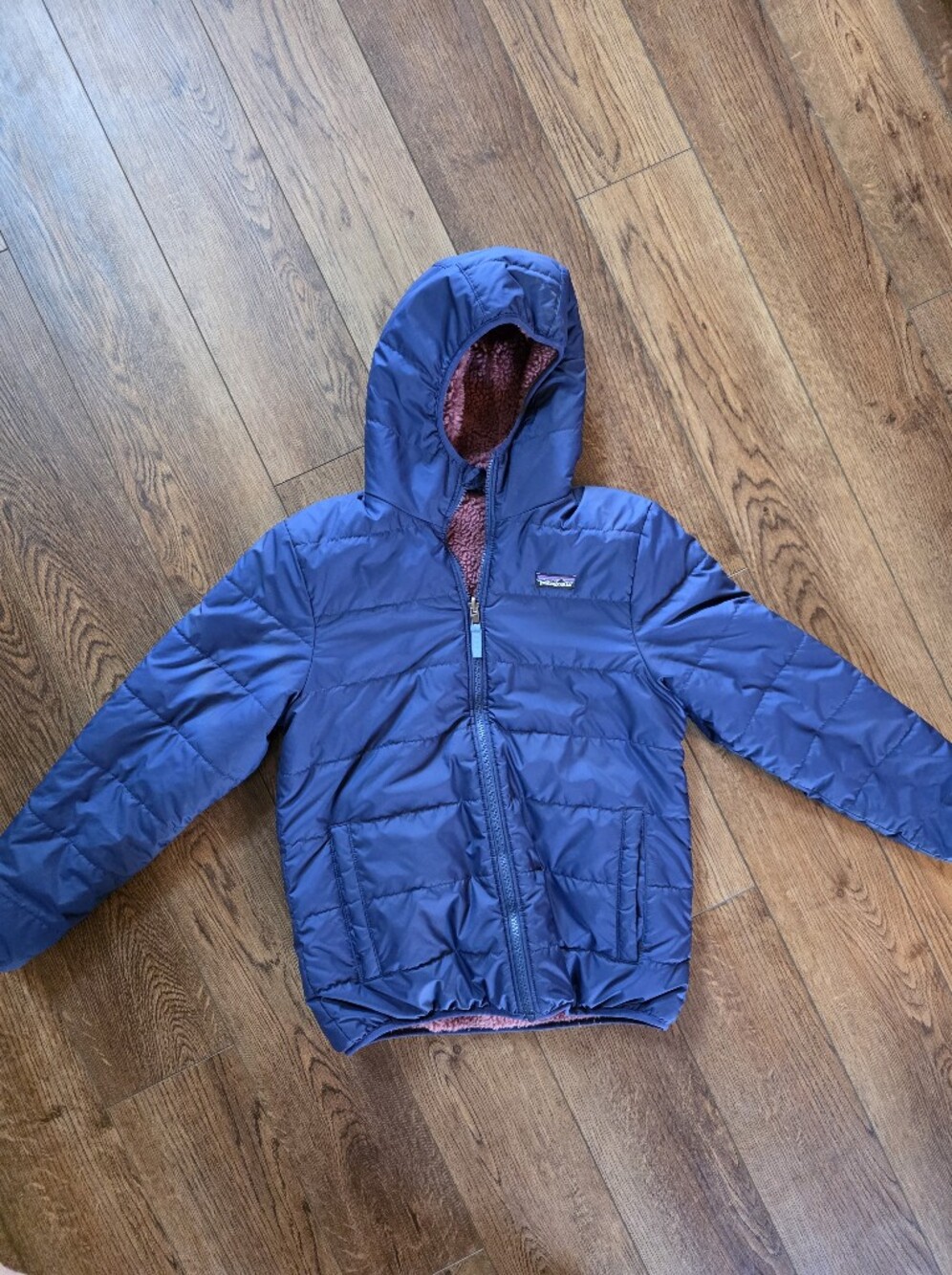 Patagonia Reversable Navy Blue Hooded Puffer with Mauve Sherpa